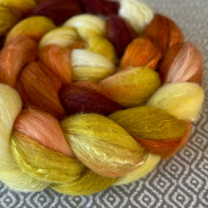 Polwarth Mulberry Silk Roving - OOAK - Candy Corn