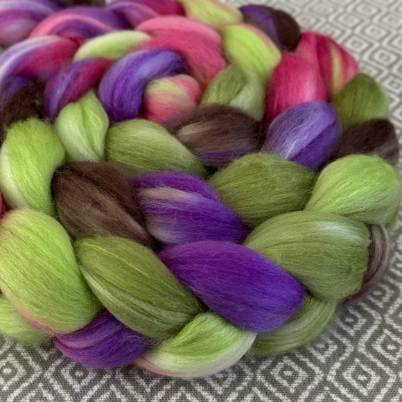 Polwarth Mulberry Silk Roving - OOAK - Forest Flower