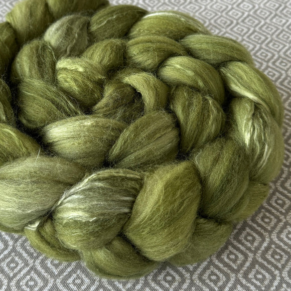 Polwarth Mulberry Silk Roving - Green Semi-Solid