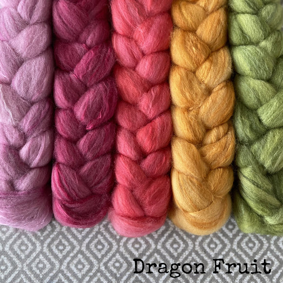 Polwarth Mulberry Silk Roving - Dragon Fruit - Bundle